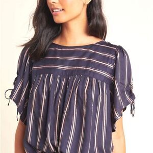 Anthropologie Navy Blue Striped Lightweight Soft Flutter Sleeve Top Size Large